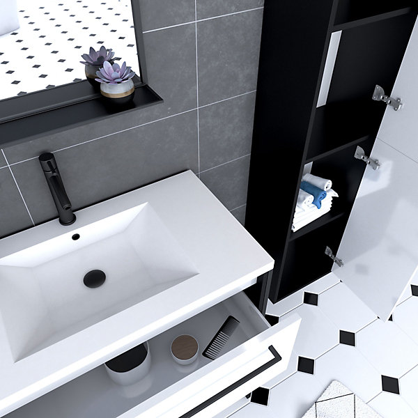 Ensemble de salle de bain 80 cm Blanc finition noir   vasque blanche  miroir   colonne de rangement