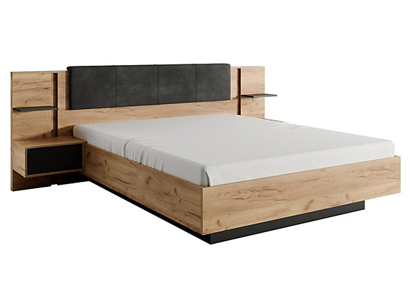 Lit avec chevets 160 x 200 cm - Avec LEDs - Coloris : Naturel et anthracite   Sommier   Matelas Essentiel - ELYNIA