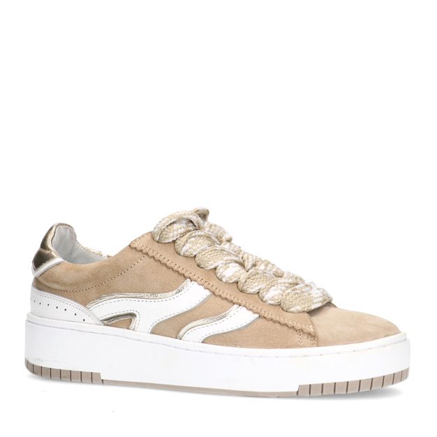 Beige suède sneakers met witte details
