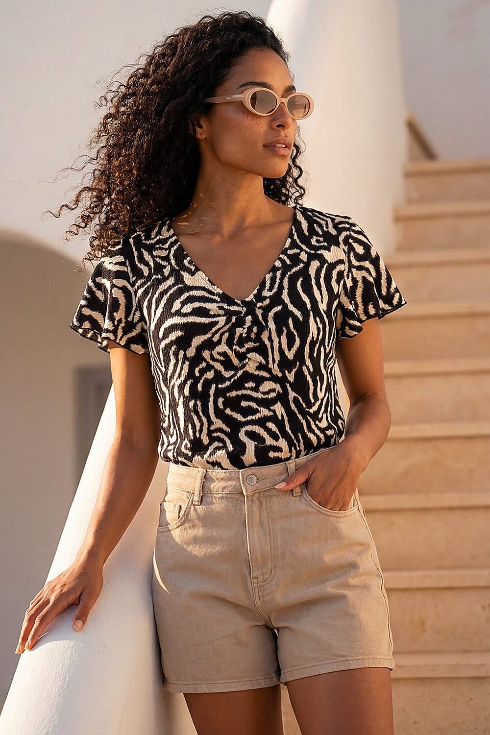 Roman Abstract Print Ruched Frill Sleeve Top