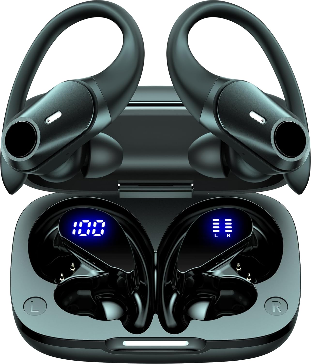 Active Noise Cancelling Wireless Earbuds Bluetooth Headphones 80H Playtime Ear Buds with Power Display Case Hi-Res Sound & Clear Calls Over Ear Hooks Earphones for Sports Running Gym Workout Black