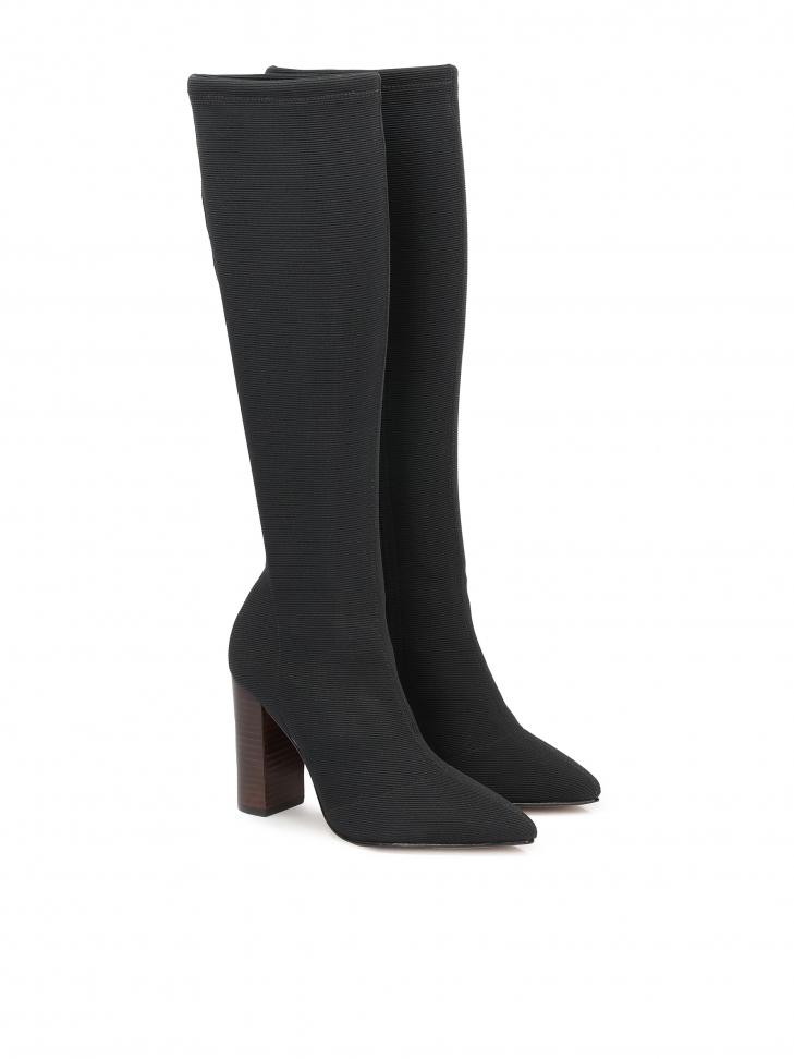 Stretch fabric boots with brown heels