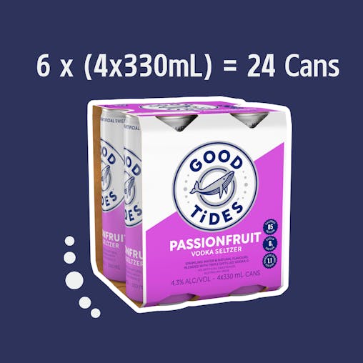 Good Tides Hard Seltzer Tropical Passionfruit, Zero Sugar, Low Calorie, Refreshing Spritzed Drink, 4.3% ABV, 330mL (Case of 24 Cans)
