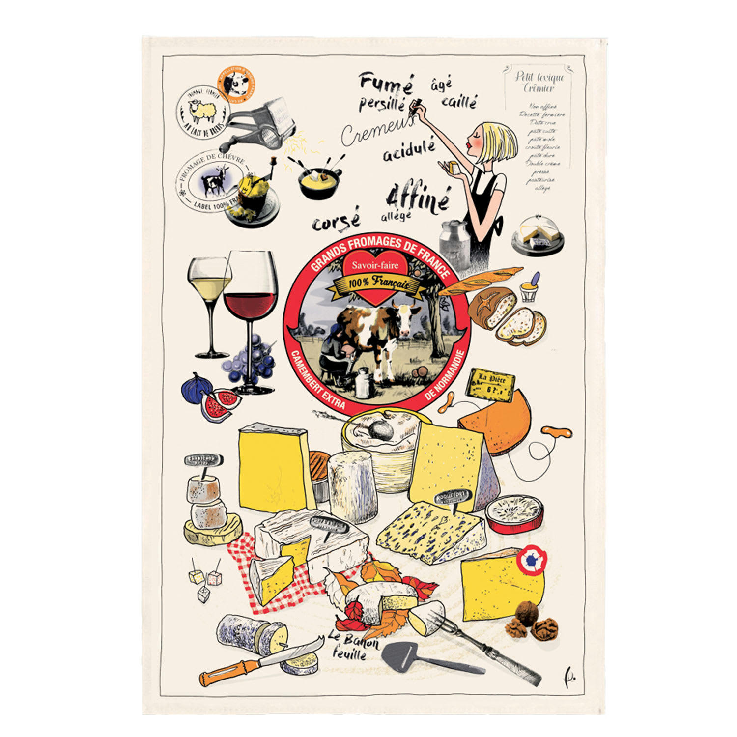 VINTAGE - Torchon les grands fromages en coton ecru 48 x 72