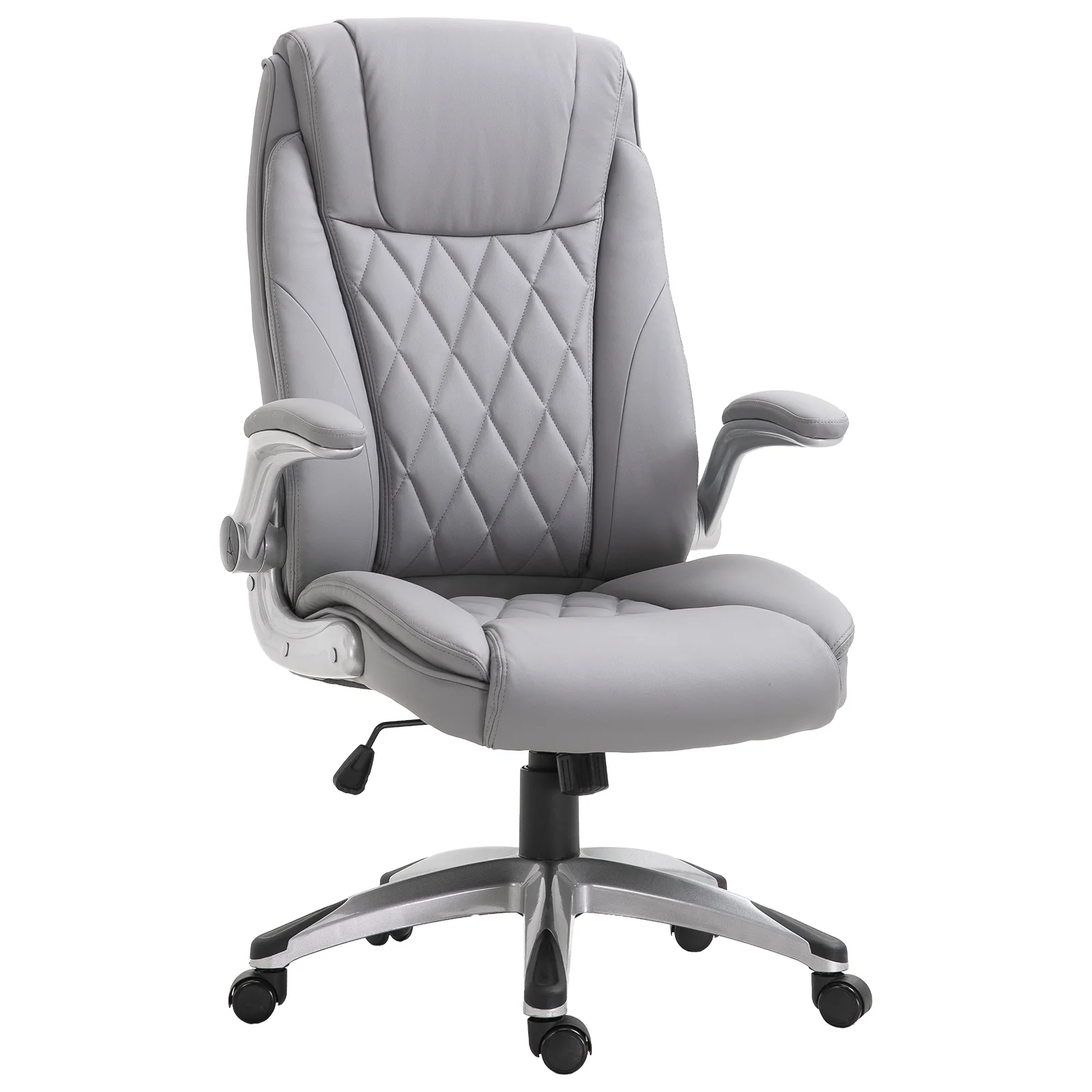 High Back 360° Swivel Ergonomic Home Office Chair with Flip Up Arms, Faux Leather Computer Desk Rocking Chair, Grey