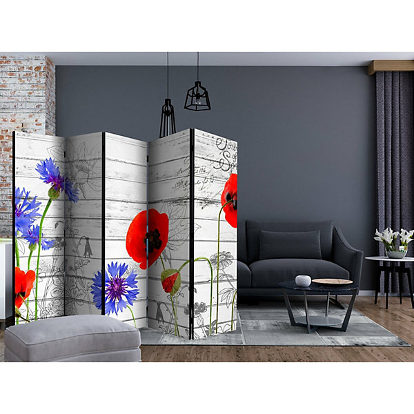 Paravent Fleurs Sauvages 5 Panneaux pour Décoration Intérieure 225 x 172 cm Rouge et Gris
