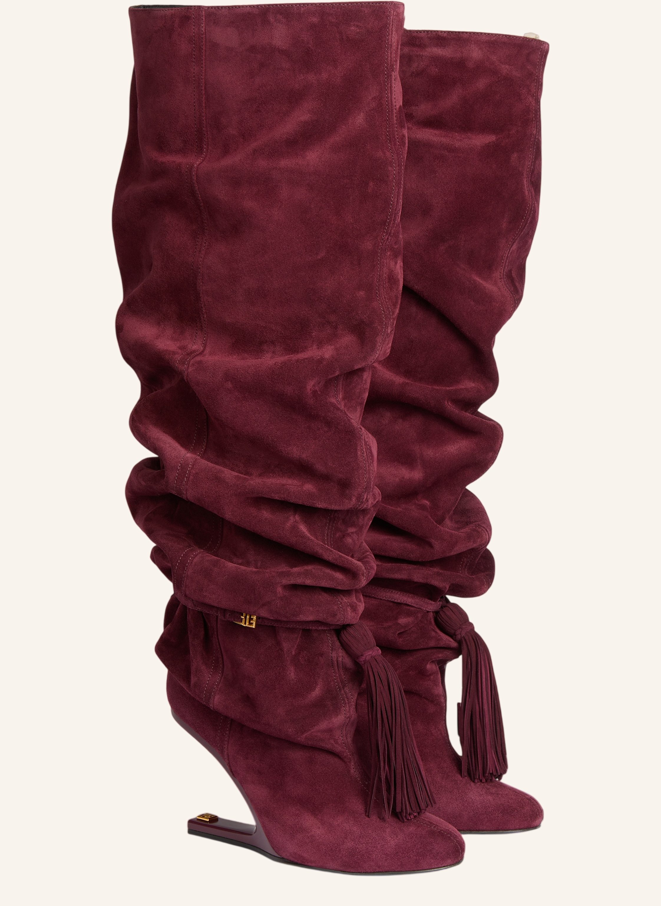BALMAIN No Wedge Overknee-Stiefel mit Bommel aus Wildleder