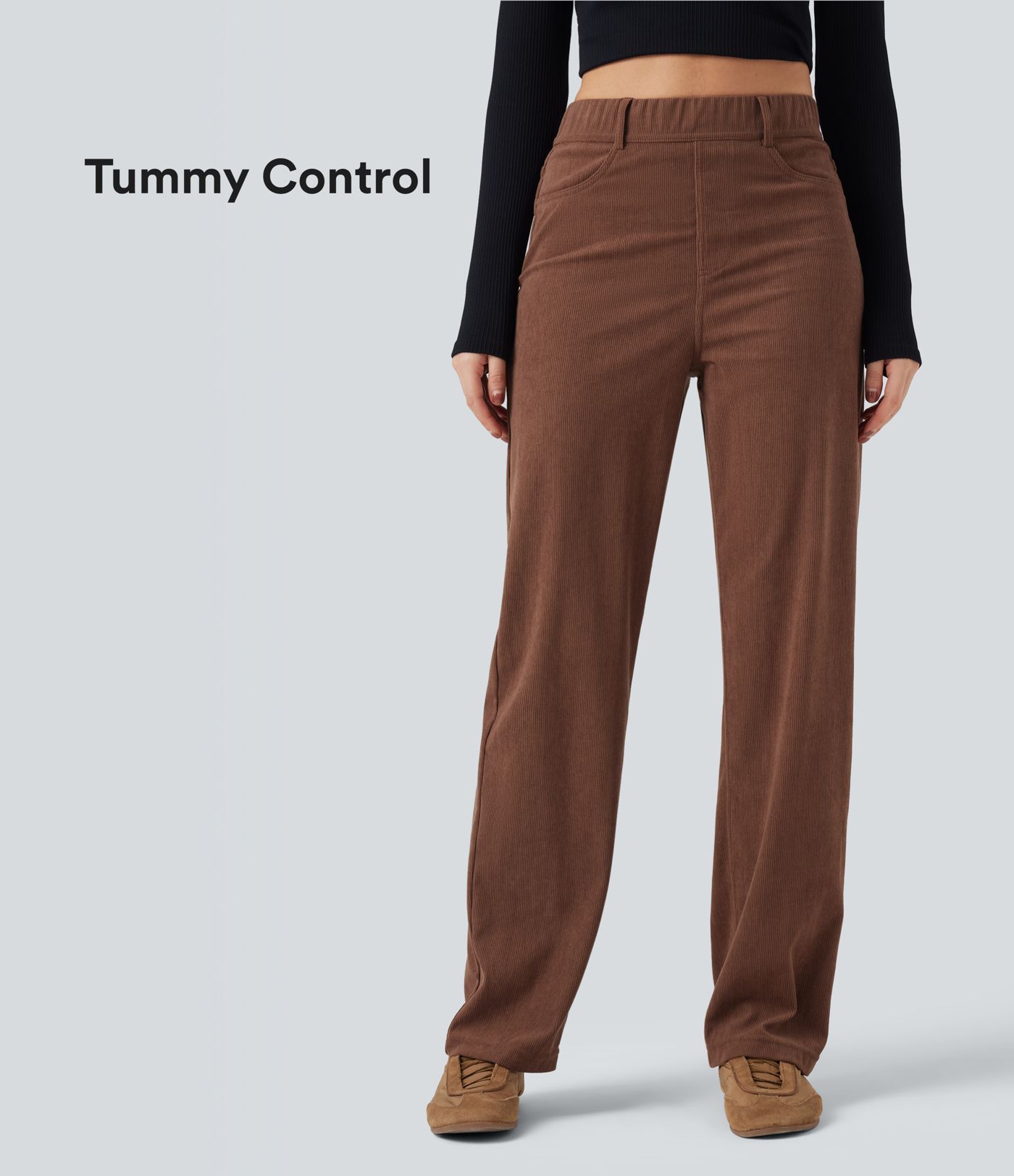 Pantalon décontracté droit en velours côtelé, taille haute, gainant, avec poches