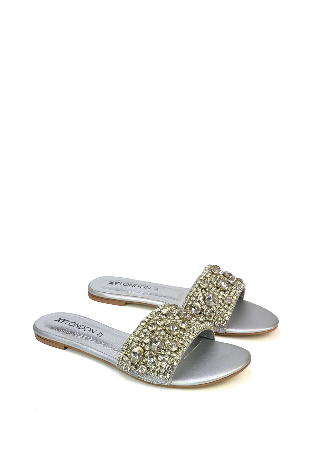 XY London Brielle' Metallic Slip On Diamante Flat Sandal Sliders