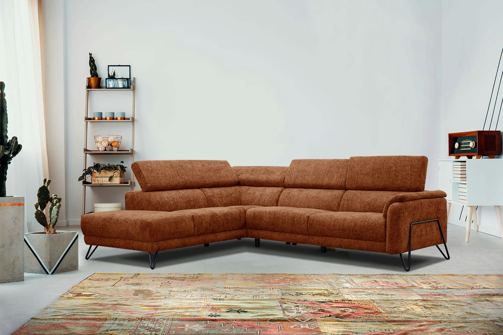 RODEN - Canapé d'angle gauche 5 places tissu  rouge brique