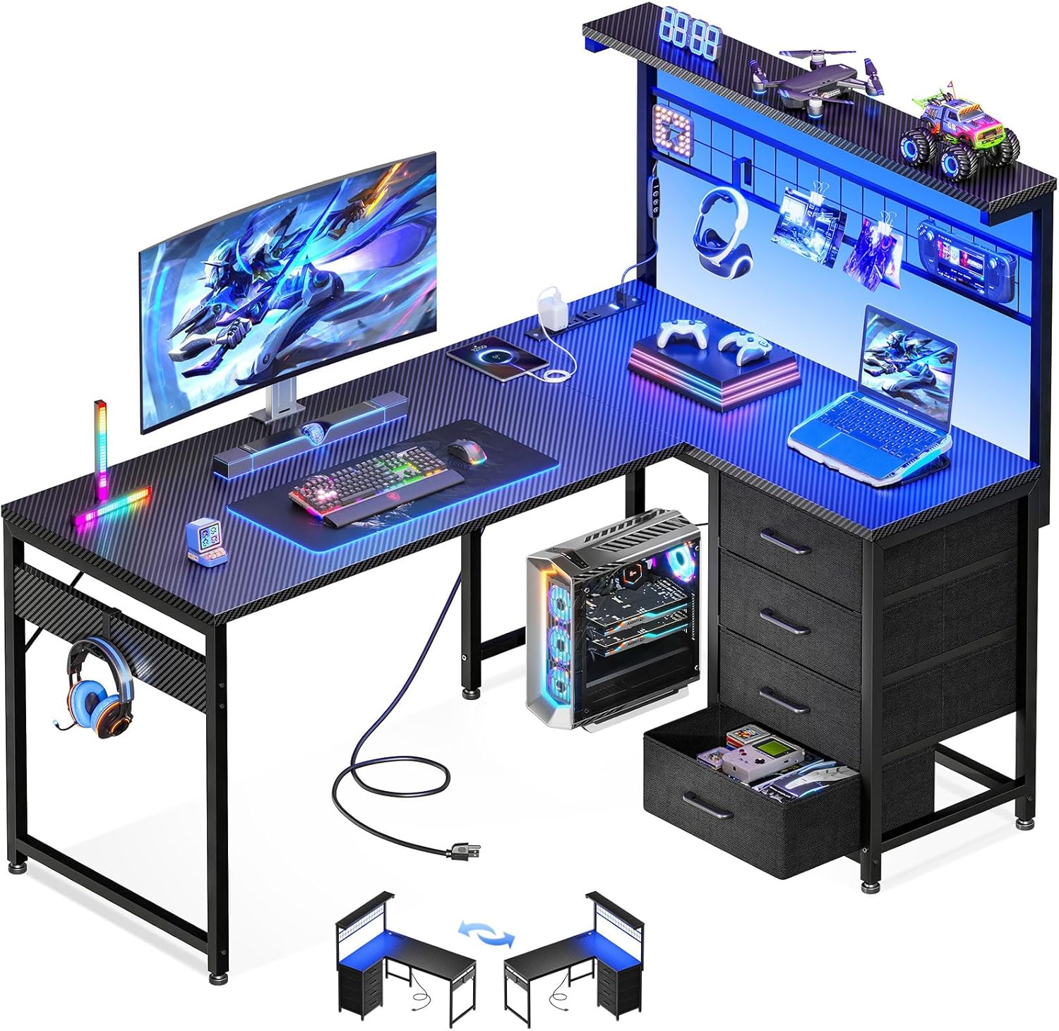 MOTPK 43” L Shaped Gaming Desk for Small Rooms, Compact Corner Computer Table with Shelf & Hutch, 4 Drawers, Reversible Study Desk with LED Light, Power Outlets & USB Ports, Black Carbon Fiber