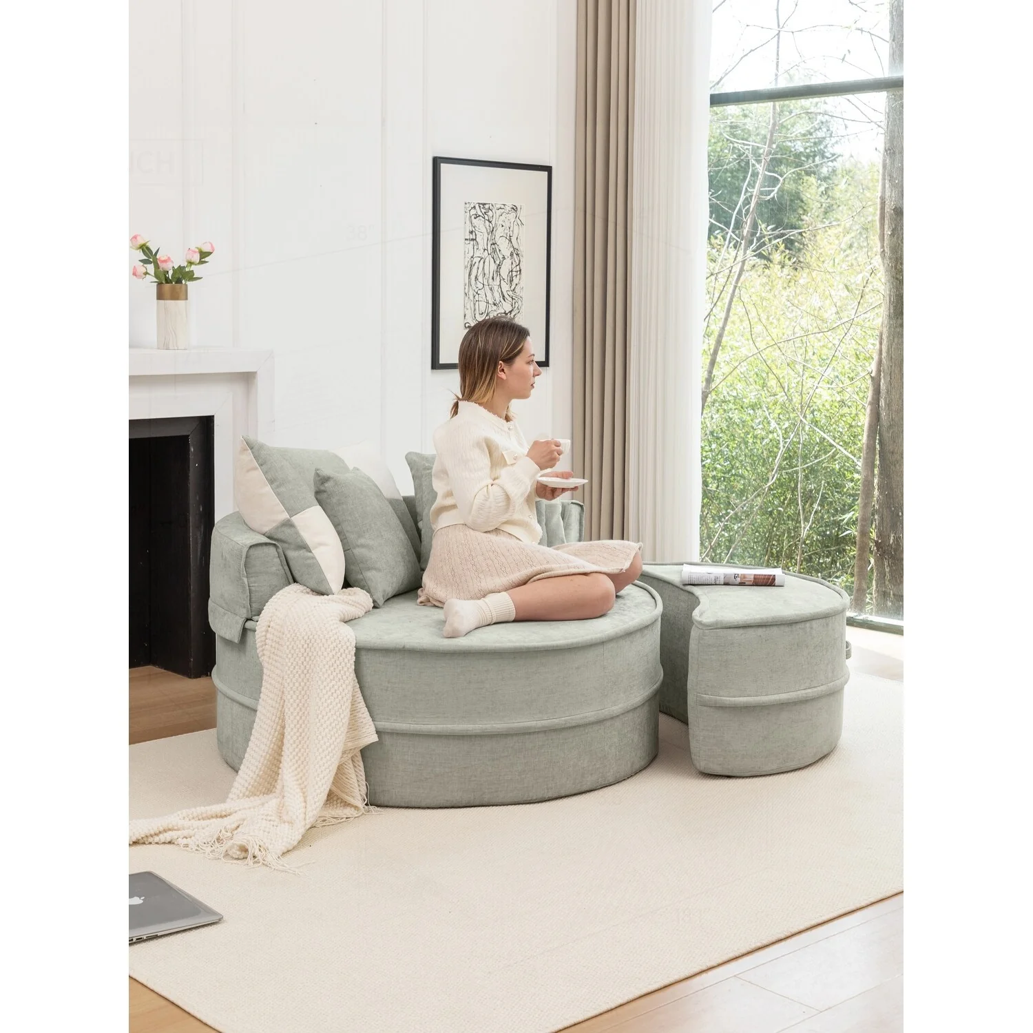 Comfortable Oversized Velvet Armchair with Ottoman and Multiple Pillows for Various Rooms