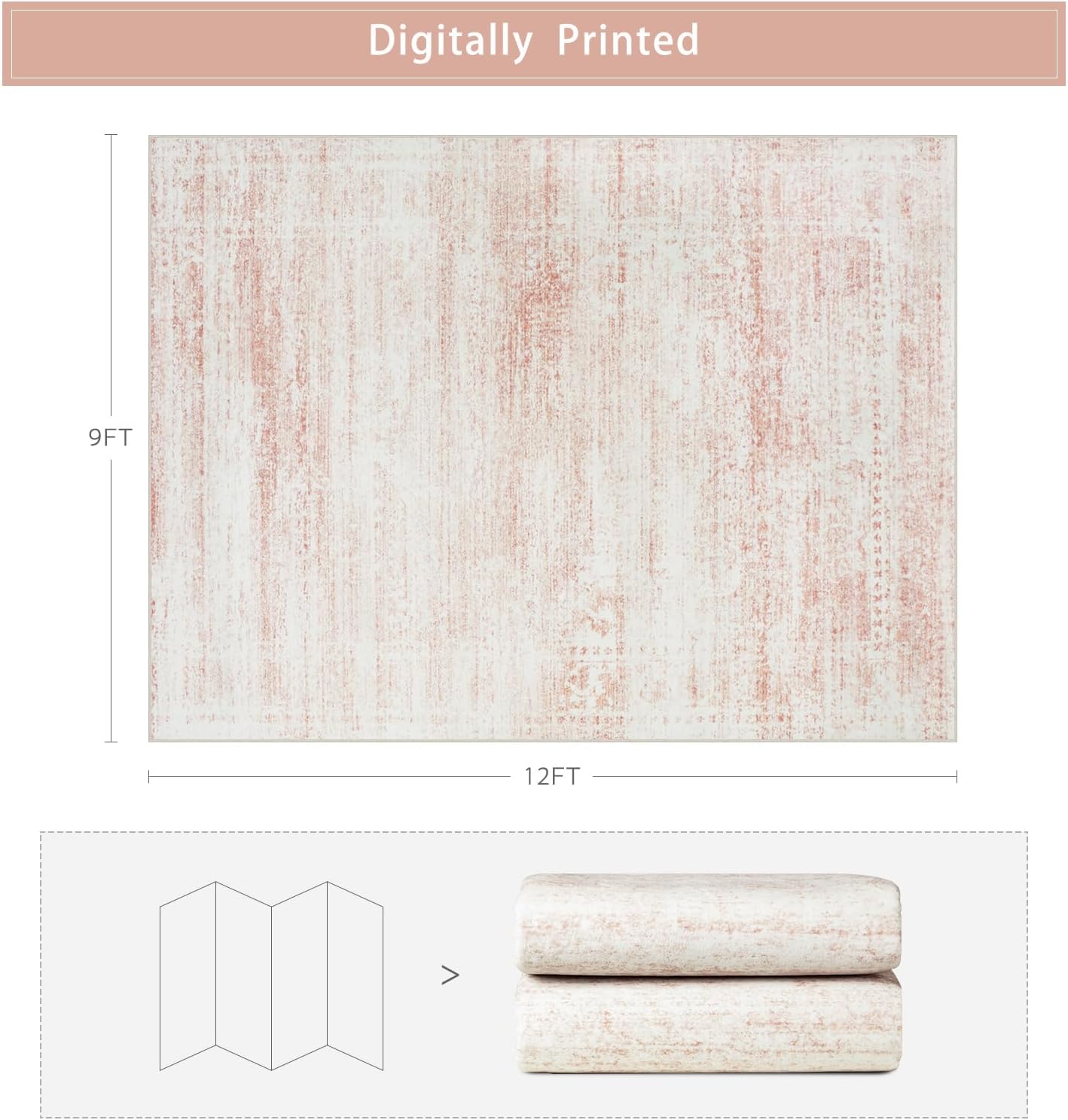 Srugn Washable Rugs 9x12 Area Rugs for Living Room,Rugs for Bedroom,Large Carpets,Ultra Soft Faux Wool Retro Dining Room Rug,Non Slip&Non-Shedding Low Pile Vintage Print Rug for Home Office-Pink White