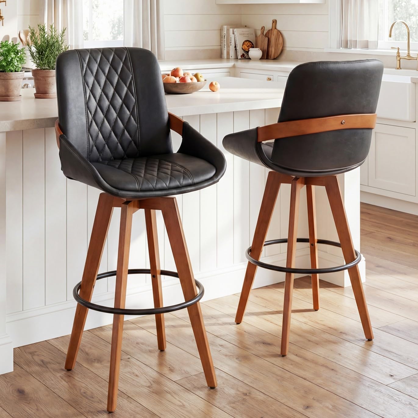 26 Inch Counter Height Stools Set of 2, Modern Mid Century Upholstered Upholstered Swivel Stool with Curved Back and Arms for Kitchen Island, Black