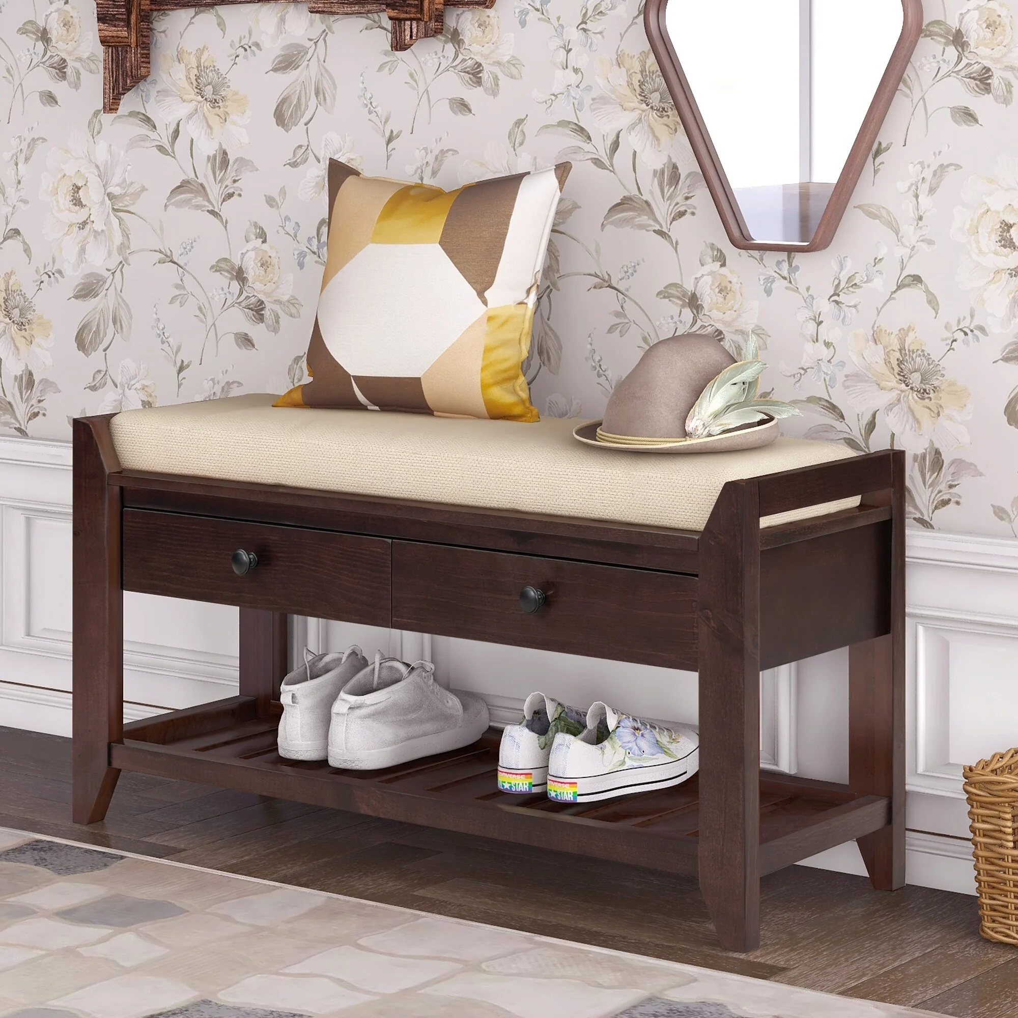 Multi-purpose Shoe Rack with Cushioned Seat and Drawers