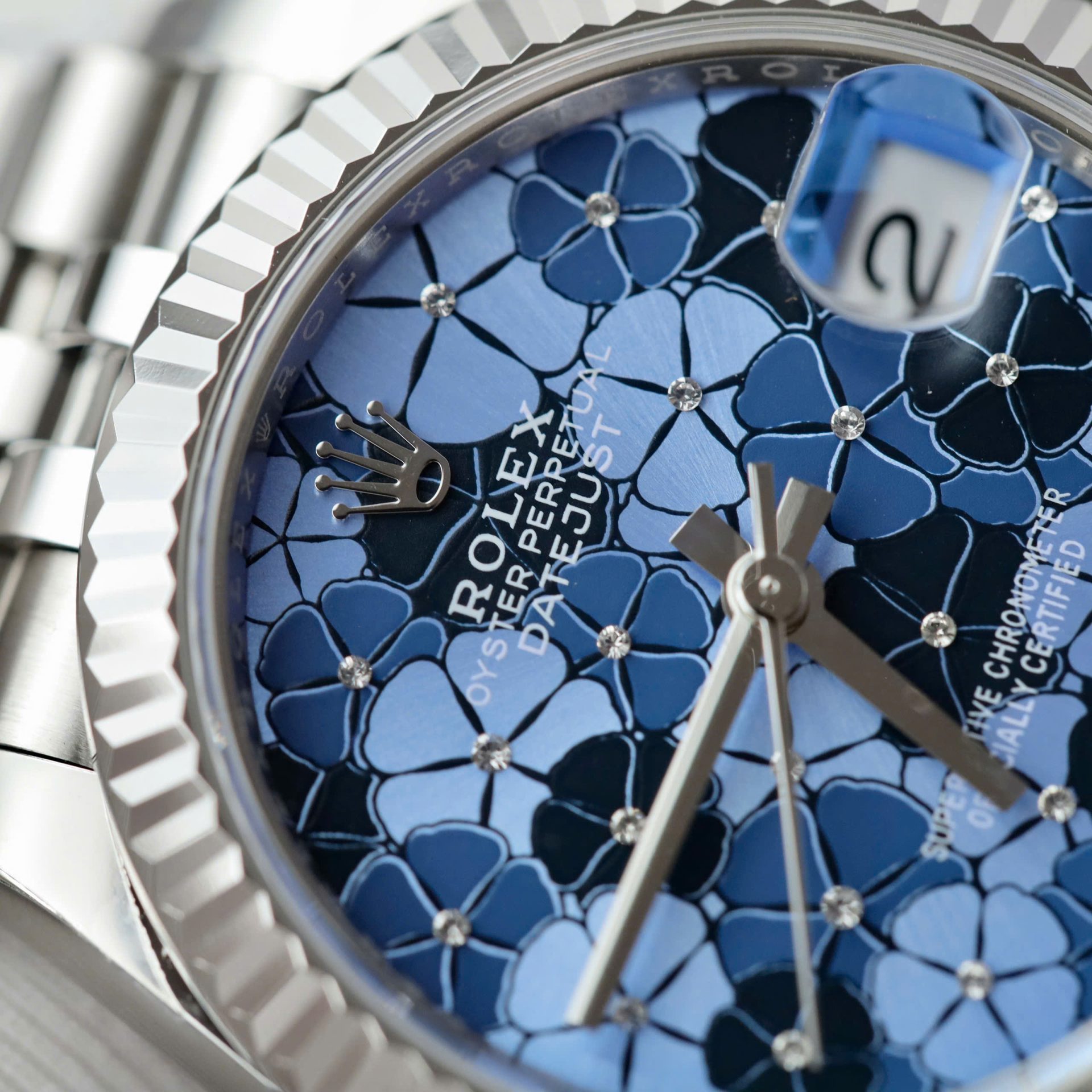 Rolex Datejust 316L Steel Flower Blue Dial CZ Diamonds 31mm Jub THBF Replica