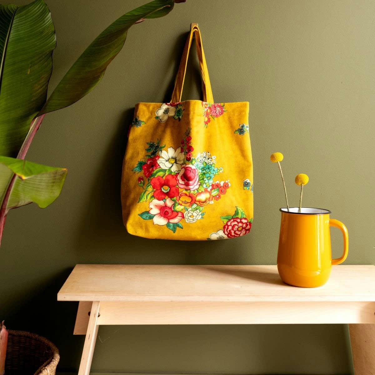 HANAMI - Tote bag en velours imprimé fleuri safran 45x40 cm
