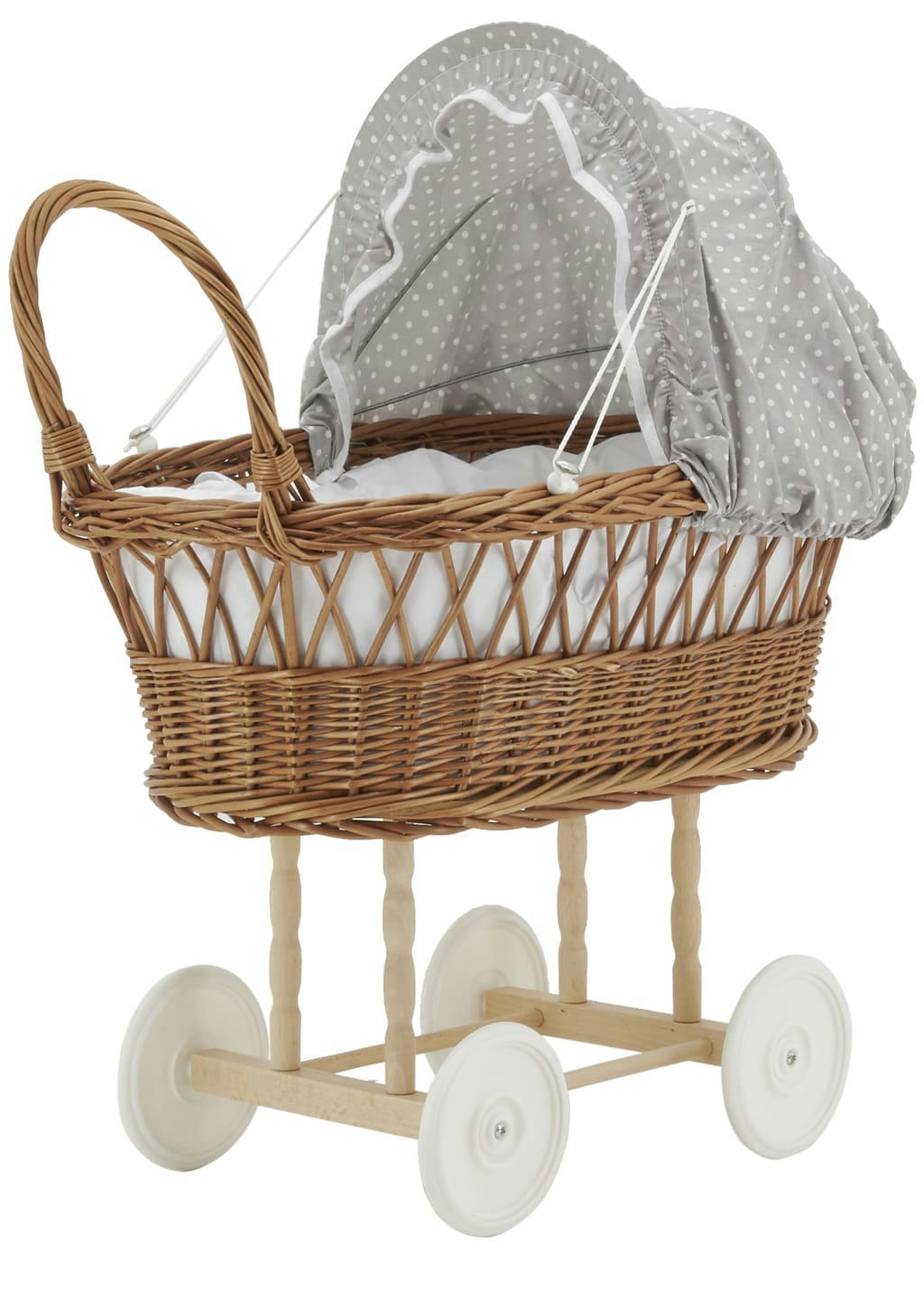 - Berceau de poupée en osier buff tissu gris