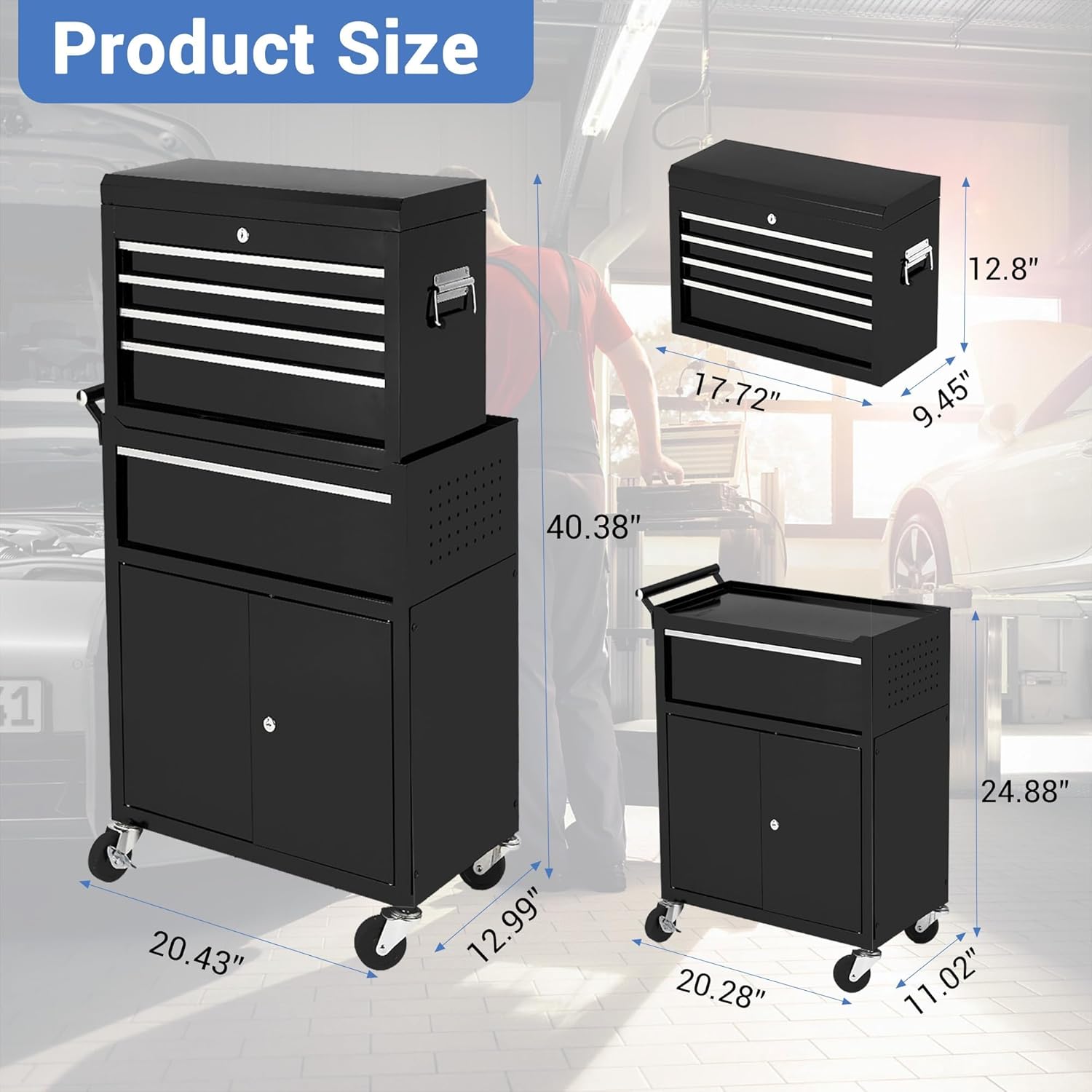 5 Drawer Rolling Tool Chest with Wheels, 2-in-1 Detachable Tool Box and Cabinet, Lockable Metal Storage Organizer, Mobile Toolbox for Garage Workshop Home, Black&Red