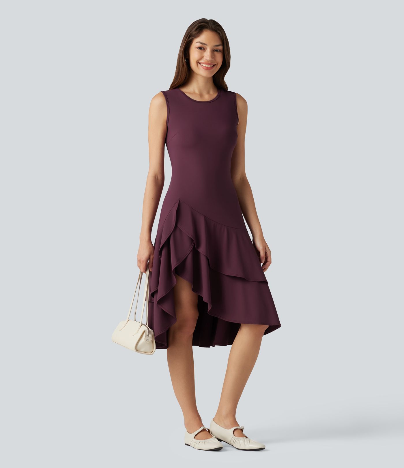 Robe midi décontractée SoftlyZero™ Airy col rond, sans manches, ourlet à volants étagés, à effet frais InstantCool