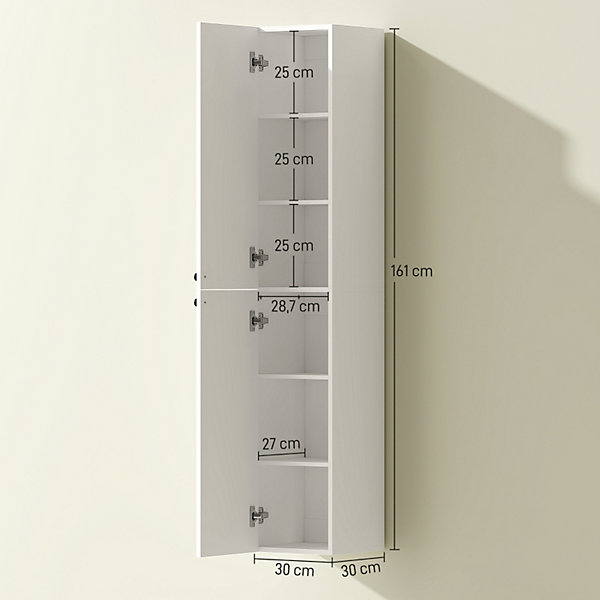 Meuble de salle de bain mural, surface laquée, 6 étagères, MDF, blanc