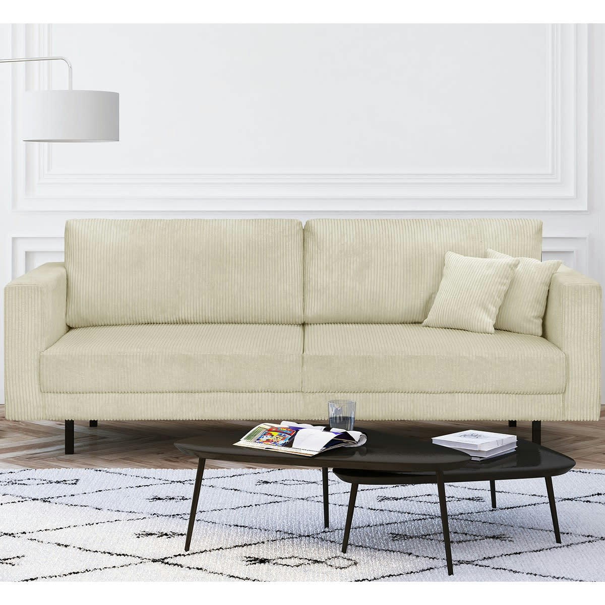PIA - Canapé 3 places en velours côtelé beige, pieds en métal noir