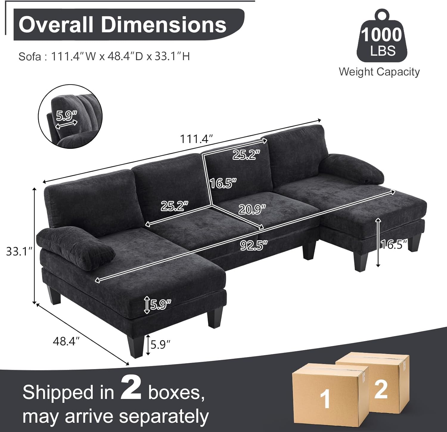 Karl home 111 Sectional Sofa U-Shaped 4-Seat Couch with Chaises Wood Grian Legs Chenille Fabric Upholstered for Living Room, Apartment, Office, Black