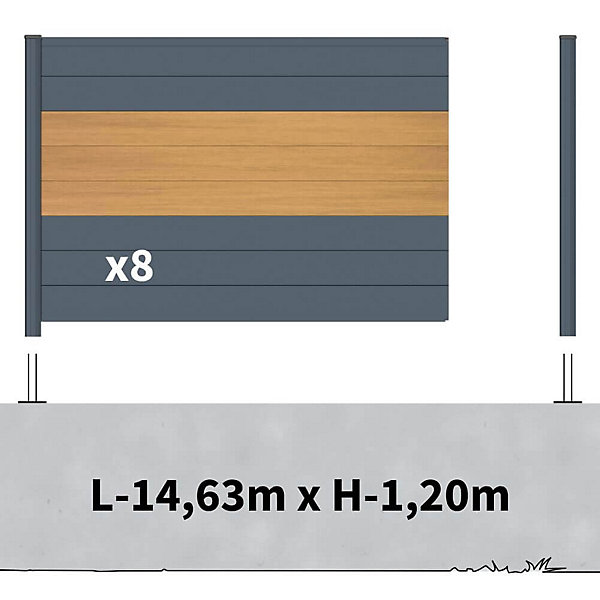 Kit clôture aluminium sur muret poteau sur platines - BAHIA &CRUZ Cèdre H-1,2m