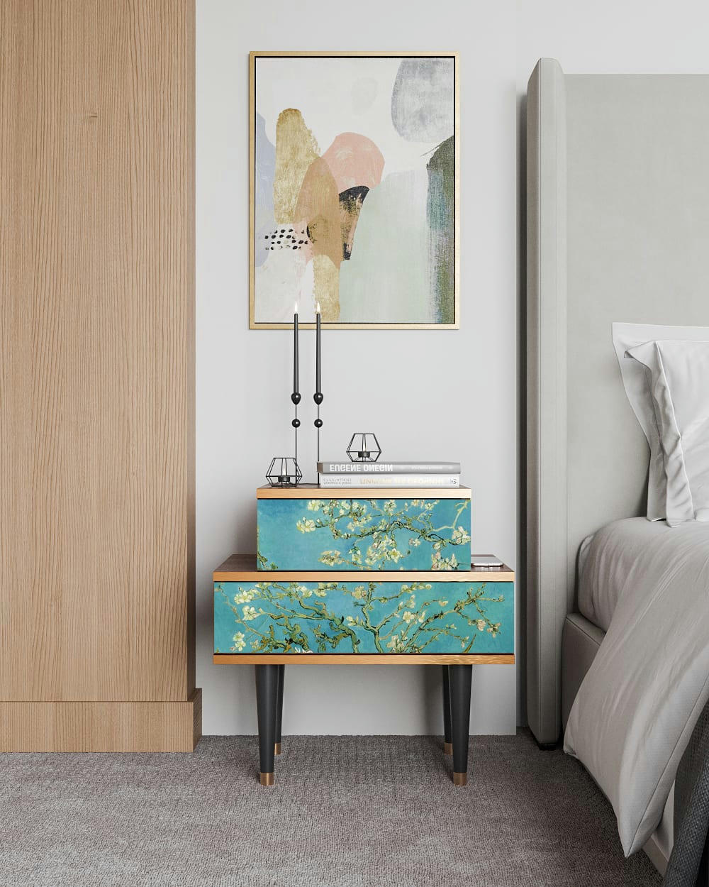 ALMOND BLOSSOM BY VAN GOGH - Table de chevet bleu 2 tiroirs L 58 cm