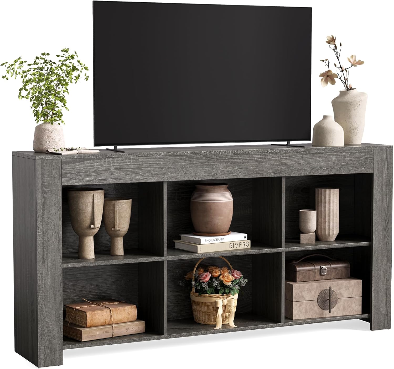 LITTLE TREE TV Stand with Storage, 63-Inch Entertainment Center with Shelves, Modern Media Console for Television up to 65 for Living Room, Bedroom, Grey + Black