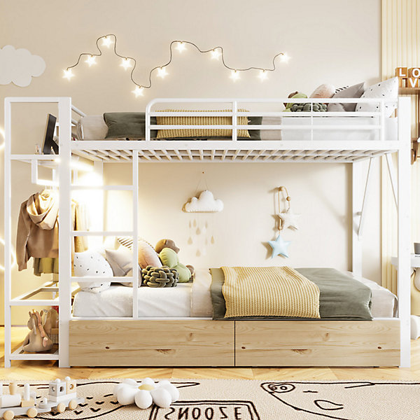 Lit superposé 140x200 cm en métal - 2 tiroirs et étagères - éclairage LED - Porte-vêtements - blanc (matelas non inclus)