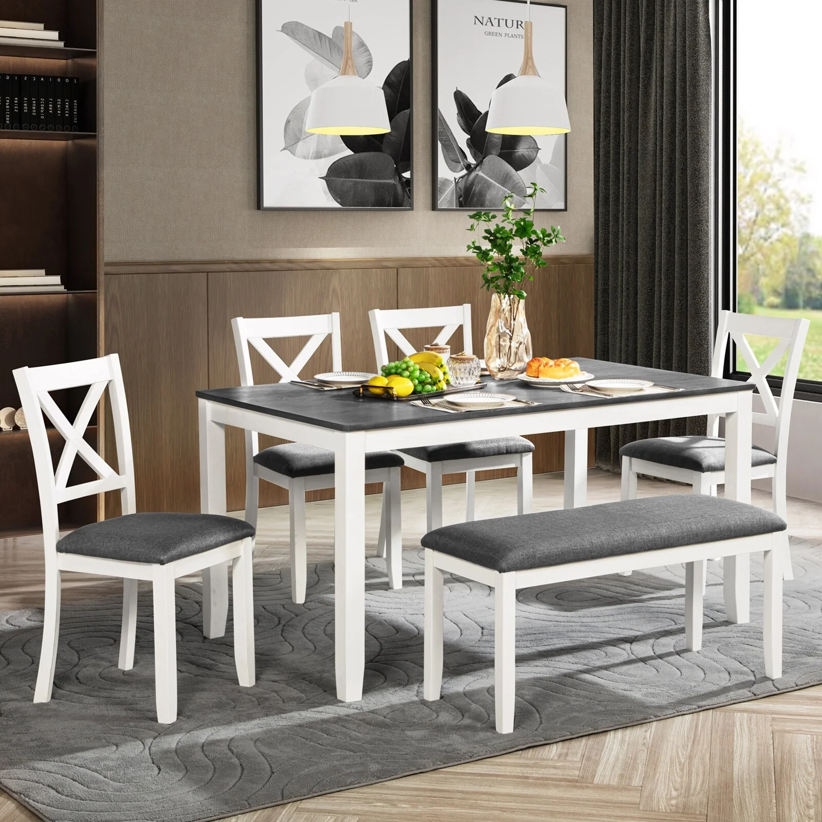 Modern 6 Piece Wooden Dining Table Set, Rectangular Table with 4 Upholstered Chair and X Back & Bench, for Restaurant and Bistro
