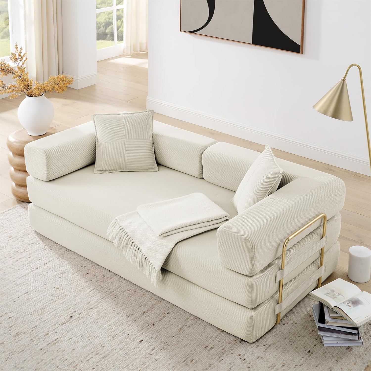 Convertible Folding Sofa Bed, Modern Futon Sleeper Sofa Fold Out Couch Bed with Gold Fixed Frame, Modular Floor Sofas Comfy Corduroy Boneless Couches for Living Room (78 Beige)