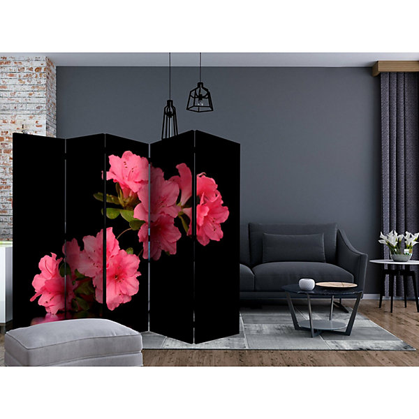 Paravent Azalée Noir 5 Volets - Séparateur de Pièce Floral 225 x 172 cm Rose et Vert