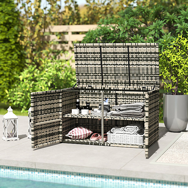 Coffre de jardin 3 portes étagère 350L dim. 118 x 57 x 69 cm résine tressée camaïeu de gris