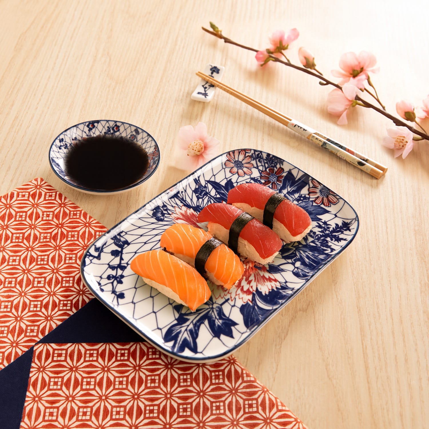 Set sushi 3 pezzi piattino rettangolare 23 cm fiore rosso Sushiko