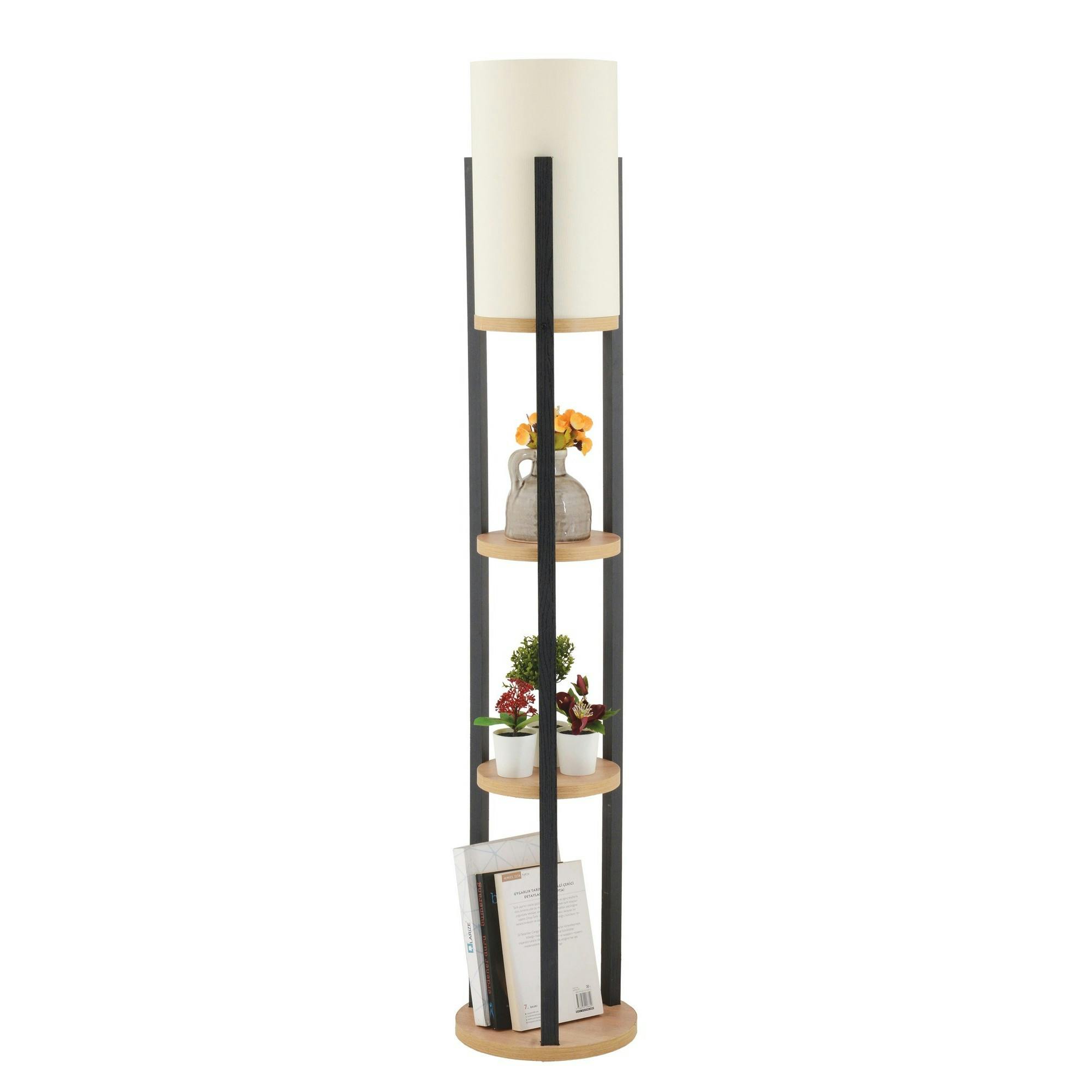 Lampadaire moderne décoratif avec étagères effet bois clair KILIS