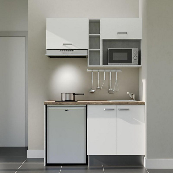 Kitchenette K13 façades Blanc - Plan de travail Bois - Crédences : Non - Evier inox - Electroménager Inox inclus