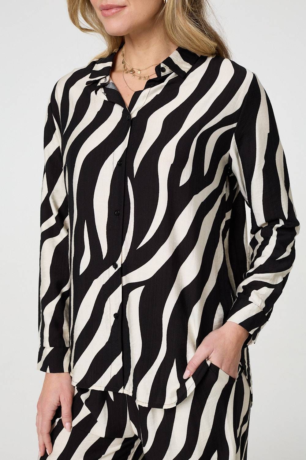 Izabel London Zebra Print Long Sleeve Relaxed Shirt