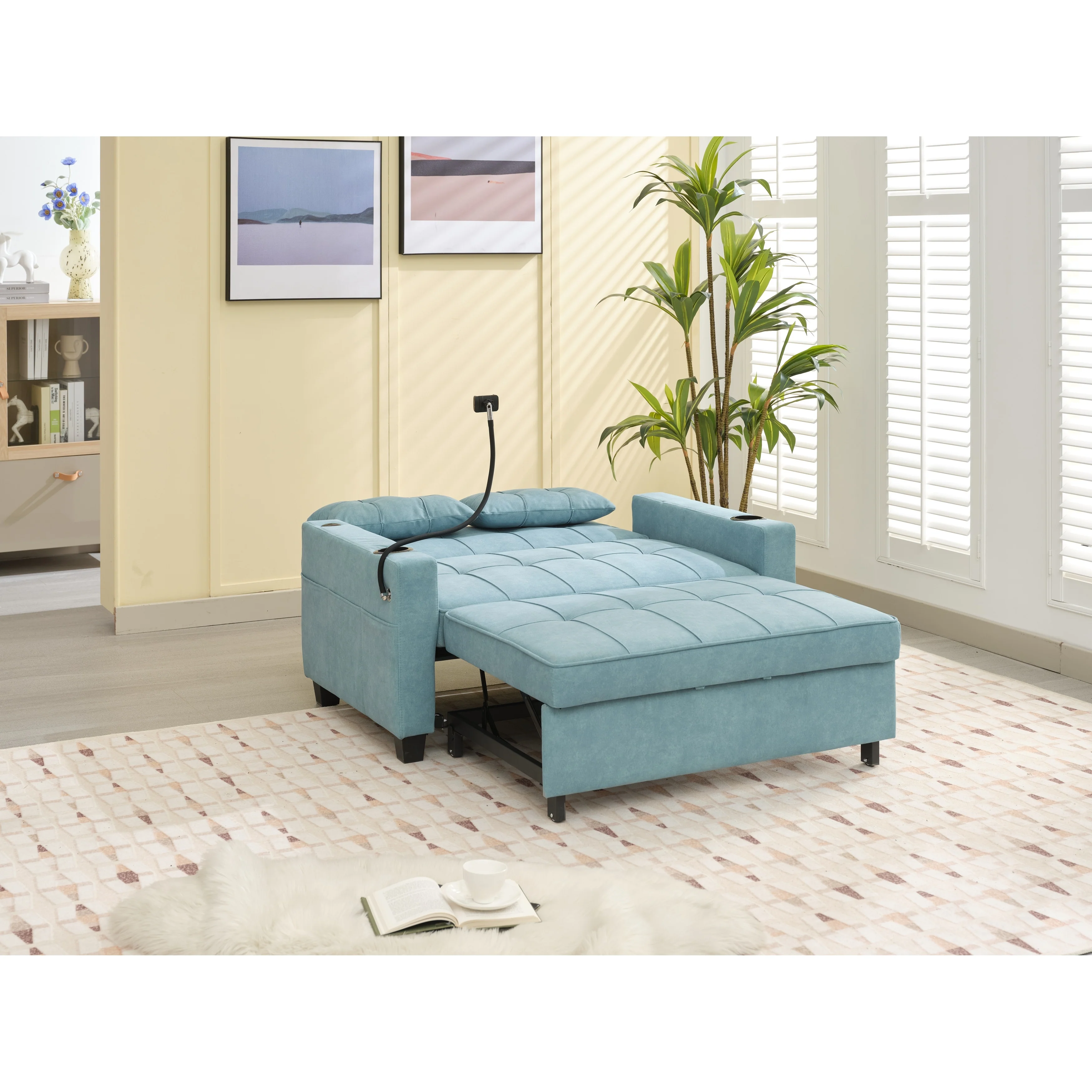 3-in-1 Pull Out Convertible Sleeper Sofa Bed with USB Ports