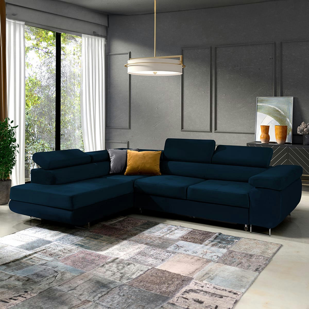 - Canapé d'angle convertible gauche 4 places velours bleu