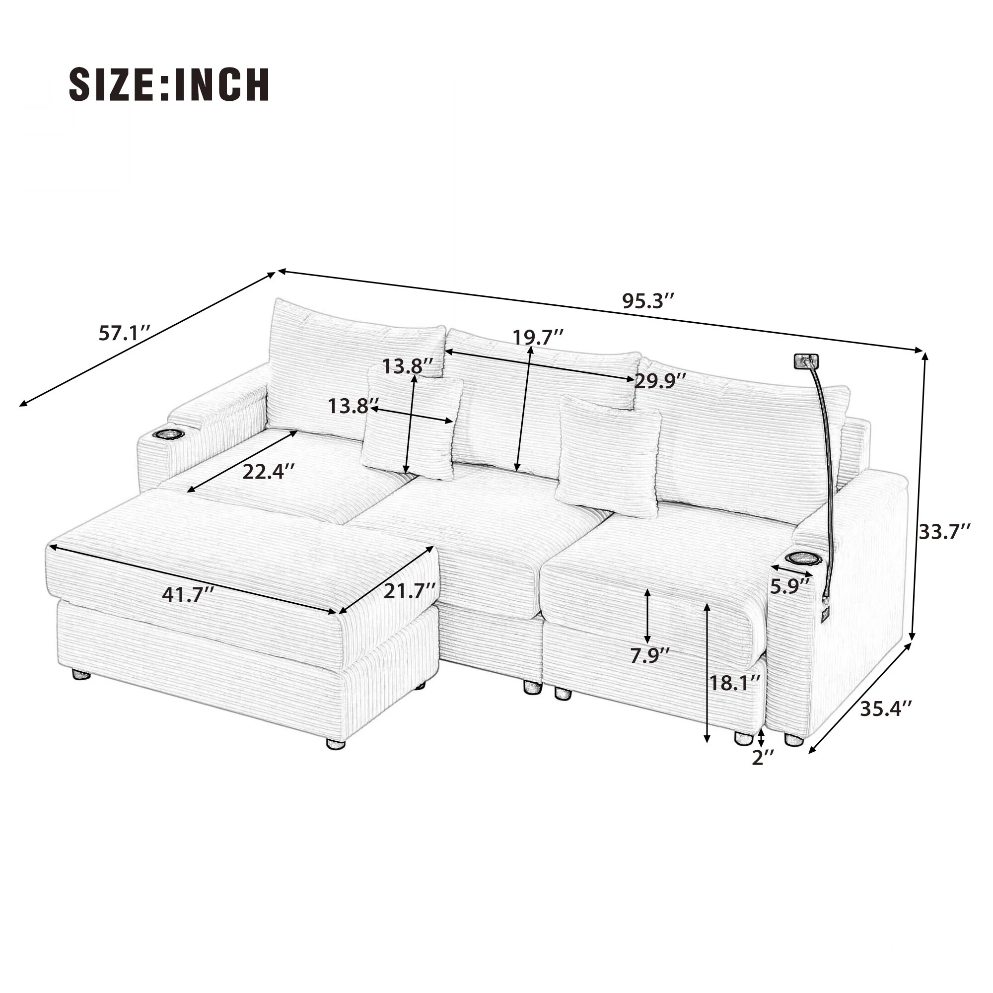 95.3 Corduroy Sectional Sofa with Storage, Cup Holders & USB