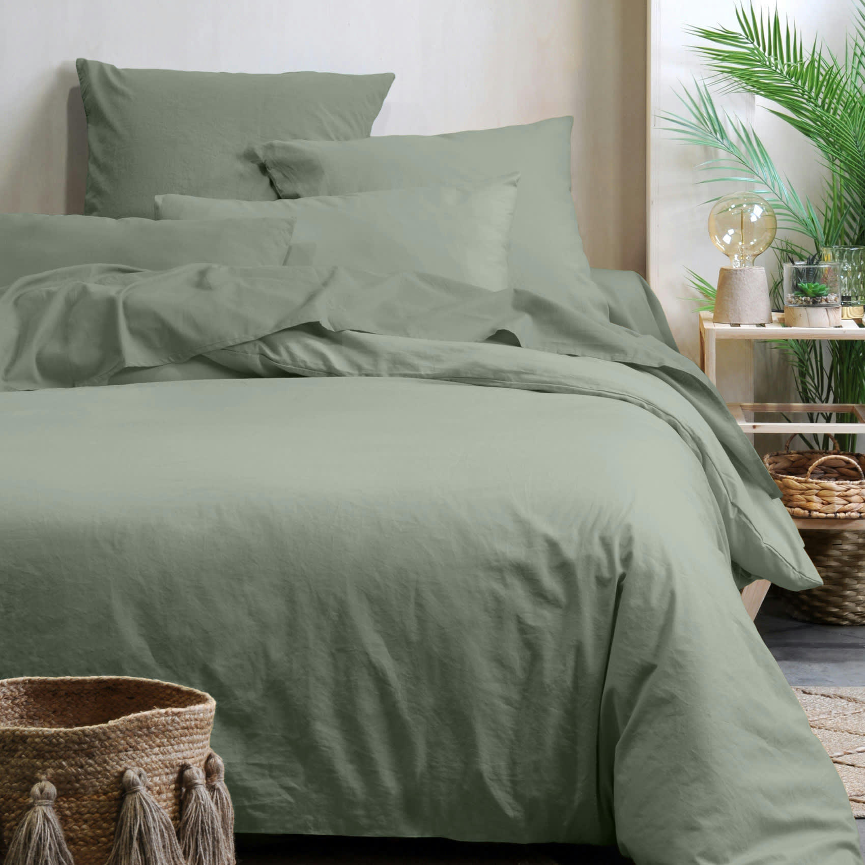 HORIZON - Housse de couette unie en coton bio vert olive 240x220 cm