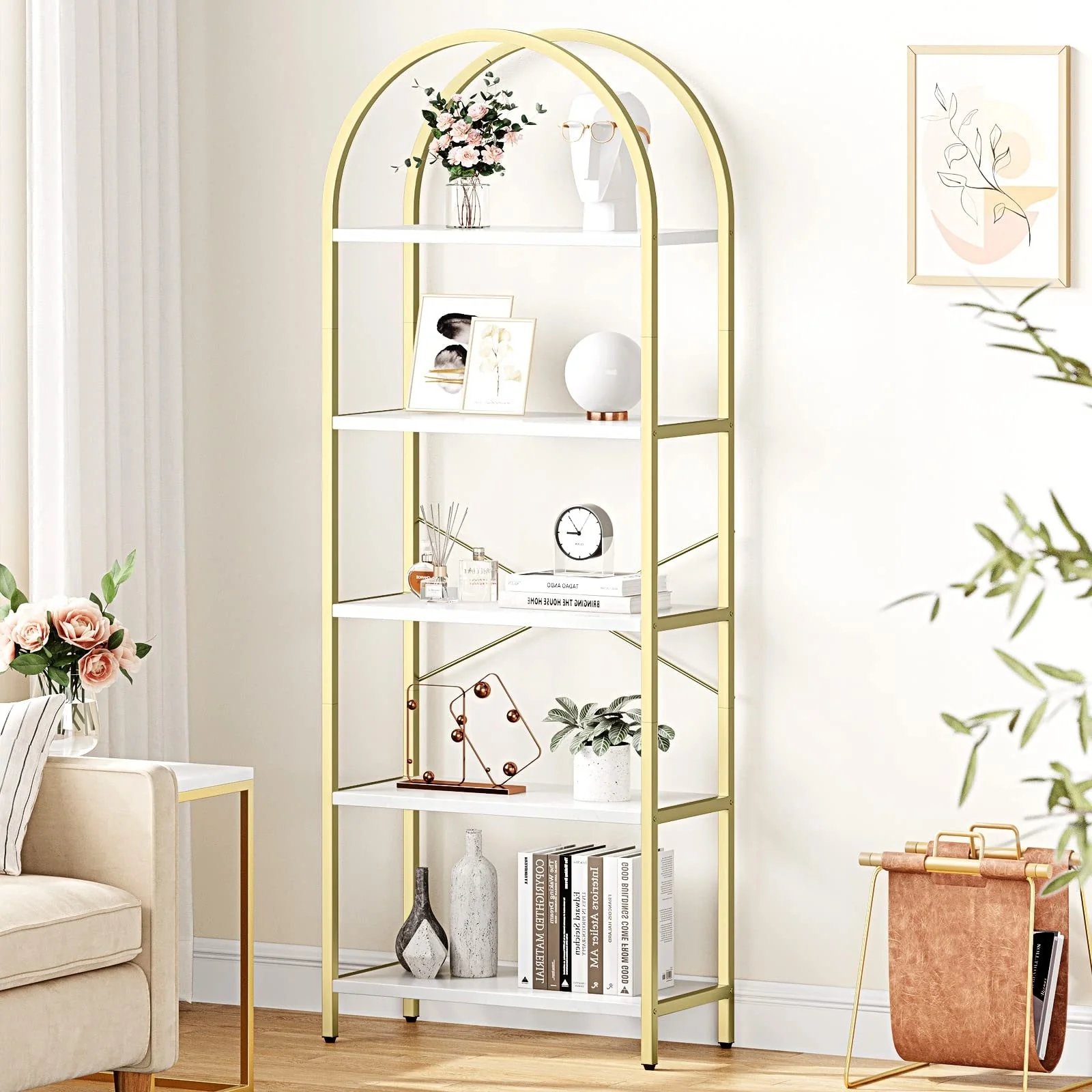 5 Tier Bookcase Arched Display Racks Tall Standing Storage Rack - 23.62W x 70.87H x11.02D