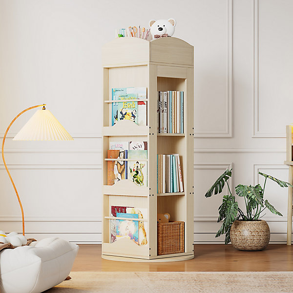 Bibliothèque Pivotante à Structure Tridimensionnelle - étagère à 4 Niveaux, MDF, 63x63x142 cm, Naturel