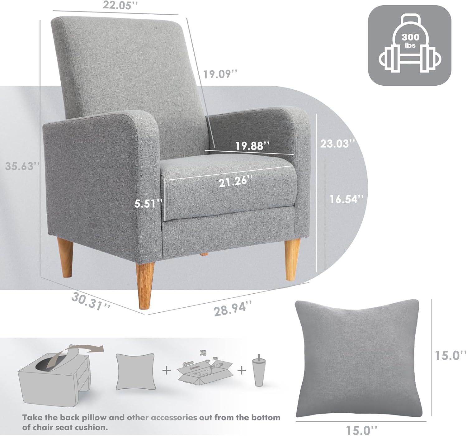 COLAMY Mid-Century Modern Upholstered Accent Chair with Back Pillow & Solid Wood Legs, Fabric Cozy Armchair for Living Room, Bedroom, Reading Nook, Apartment & Small Spaces, Lightgrey