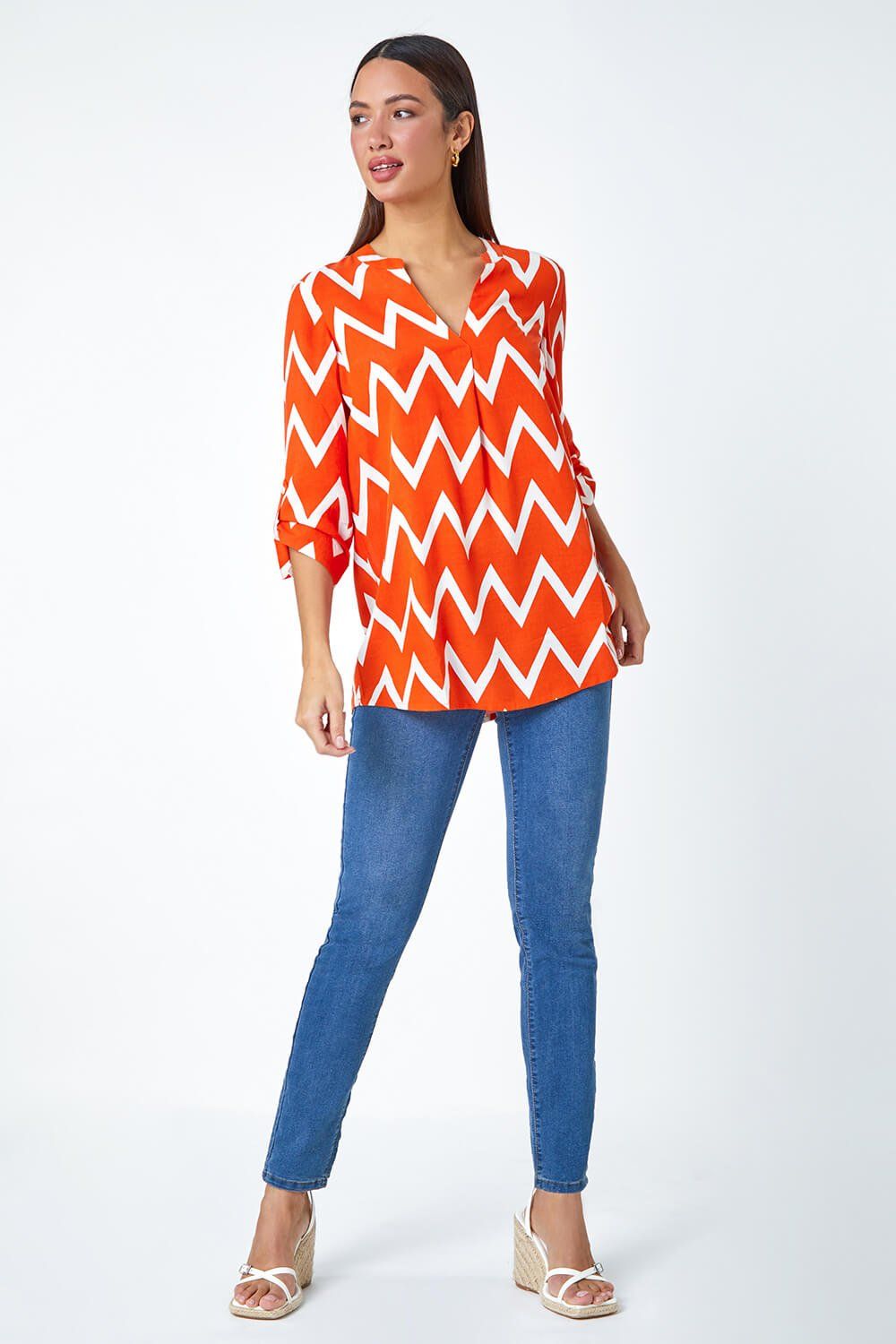 Roman Zig Zag Print V-Neck Pleat Detail Tunic Top