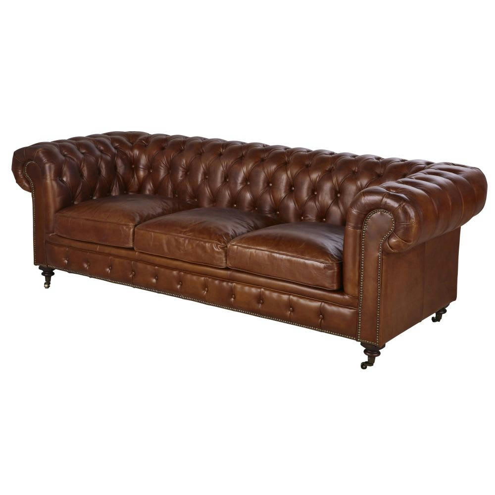 Chesterfield - Canapé capitonné vintage 4 places en cuir marron