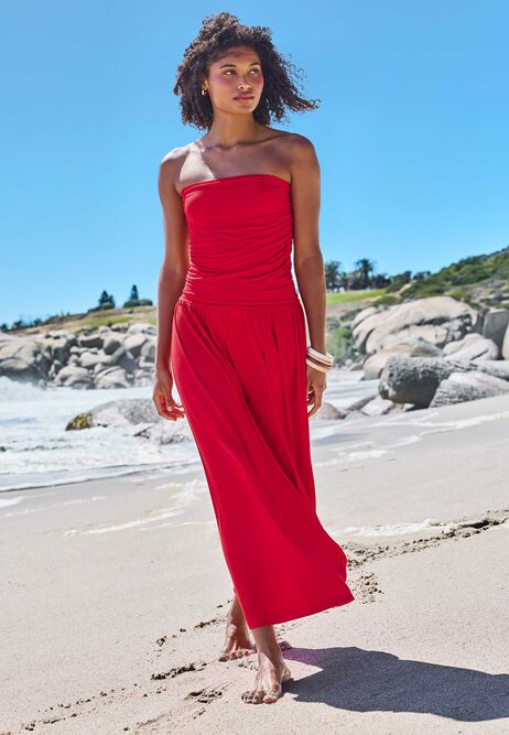 Womens Red Ruched Bandeau Dress