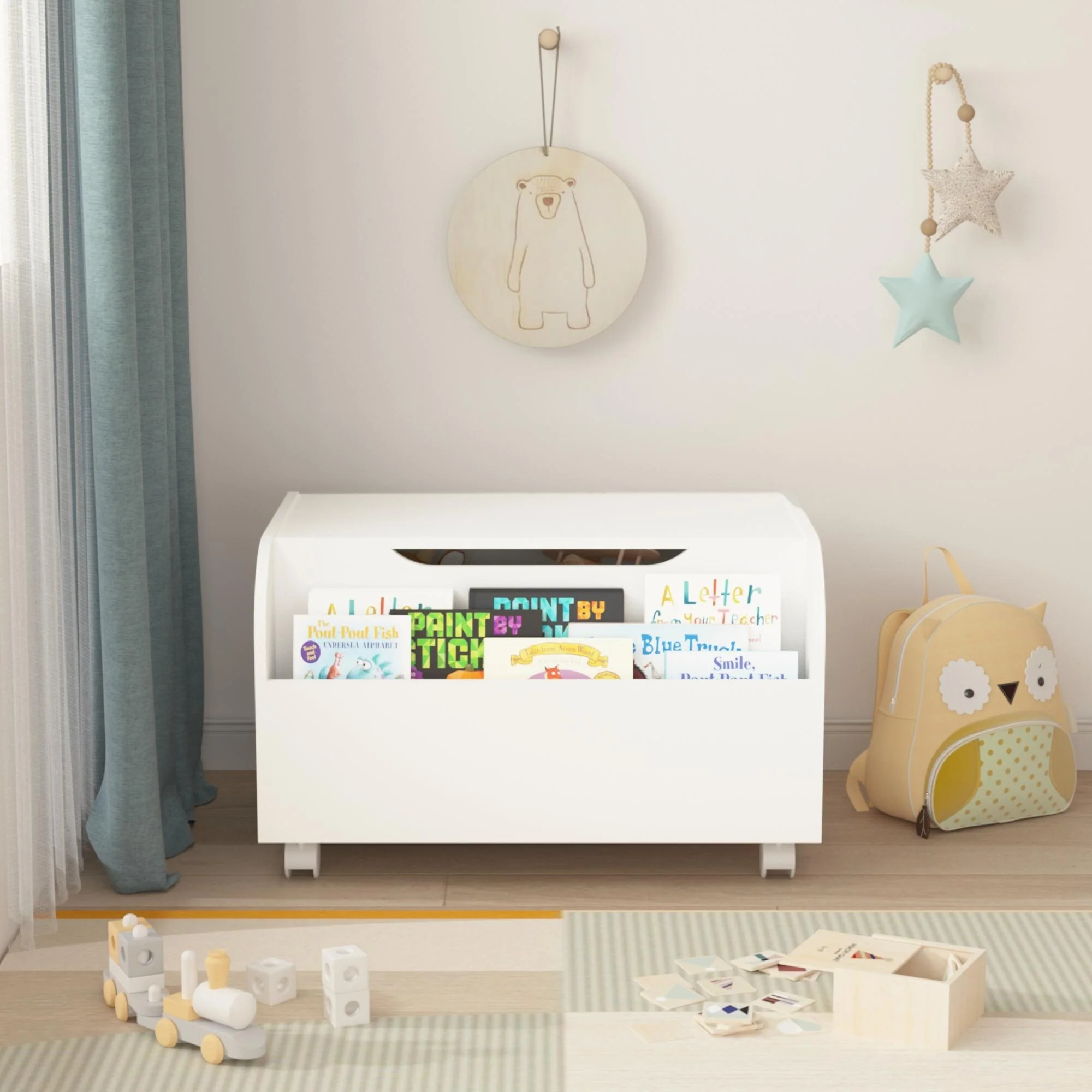 Kids Toy Storage Organizer on wheels with Front Bookshelf Flip Top Lid Safety Hinge